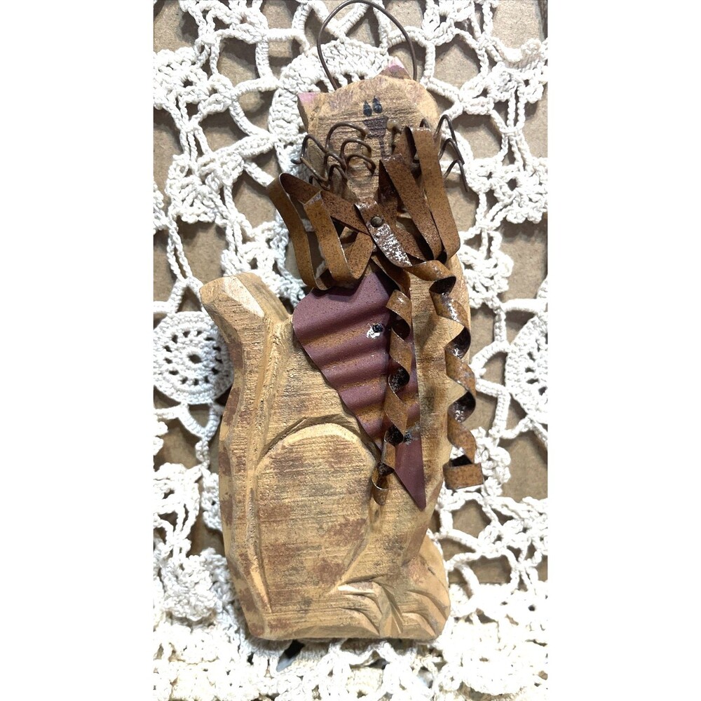Folk Art Cat Ornament Hand Carved Wood Rustic Country Primitive